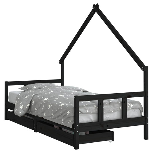 Kinderbett mit Schubladen Schwarz 90x190 cm Massivholz Kiefer